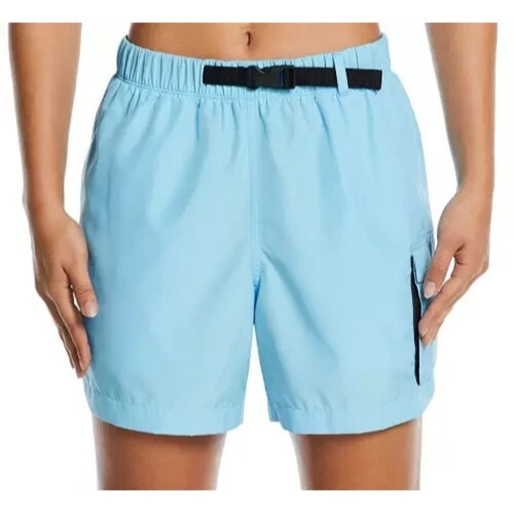Nike Women's Voyage Cargo Cover-Up Shorts Aquarius Blue Size XL Adjustable Wasit